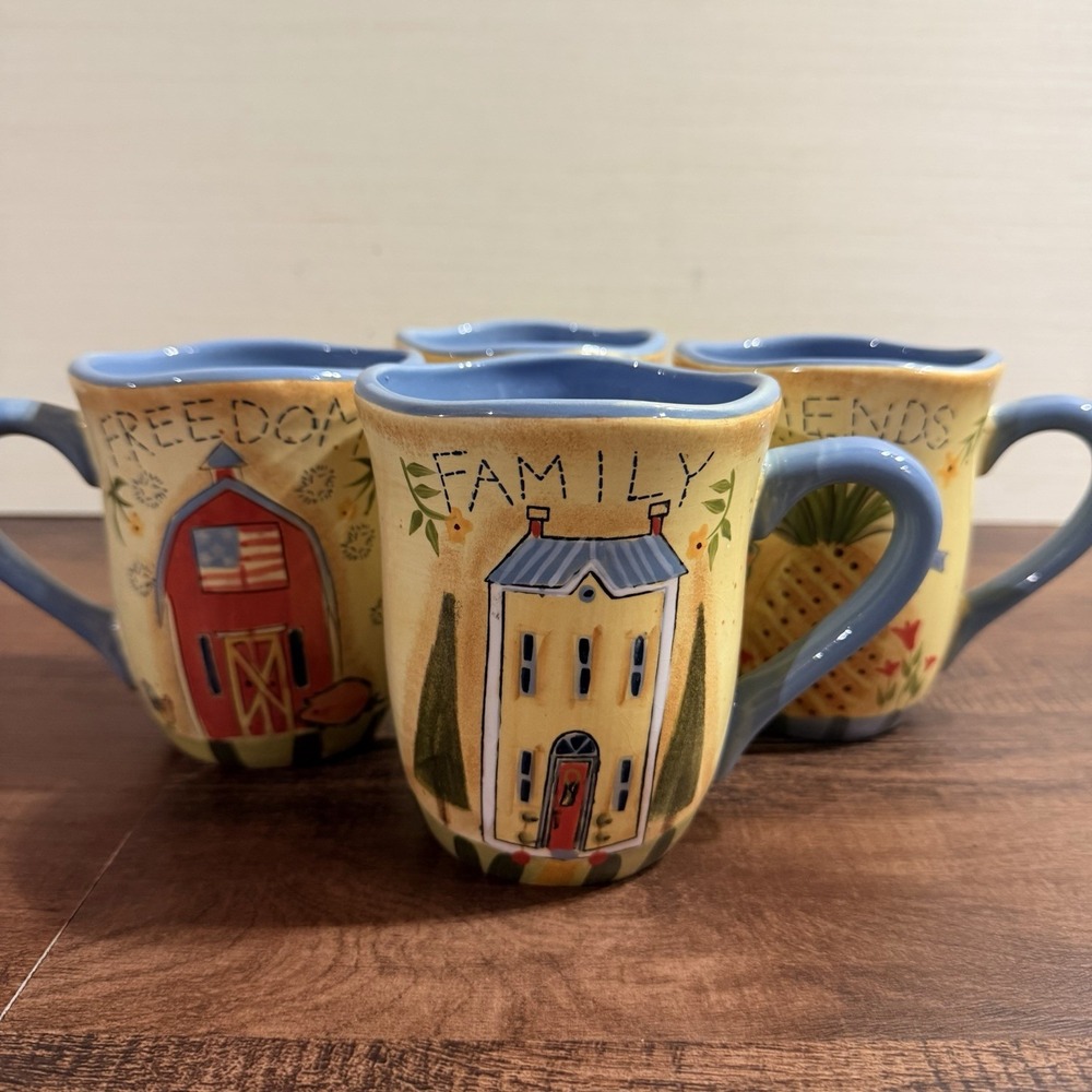 Cracker Barrel Friends Family Forever Freedom Set of 4 Mugs Susan Winget EUC